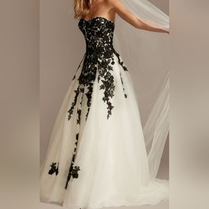 Wedding Dress -Black lace-appliqued, semi-sheer bodice, tulle ball gown
